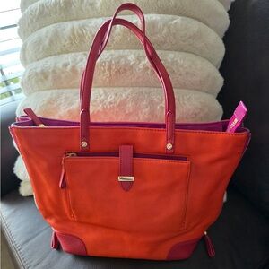 Tory Burch Orange and magenta pebble leather large tote